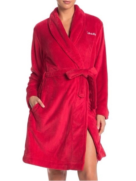 Calvin Klein Women’s Plush Red Belted Robe, Long Sleeve, Knee Length, Size Xs/S